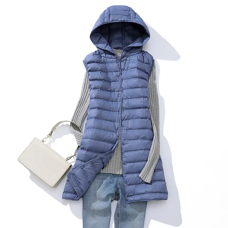 New Women Autumn Winter Ultra Light Duck Down Vests Seemless Hooded Long Jackets  Sleeveless Puffer Waistcoat Basic Parkas