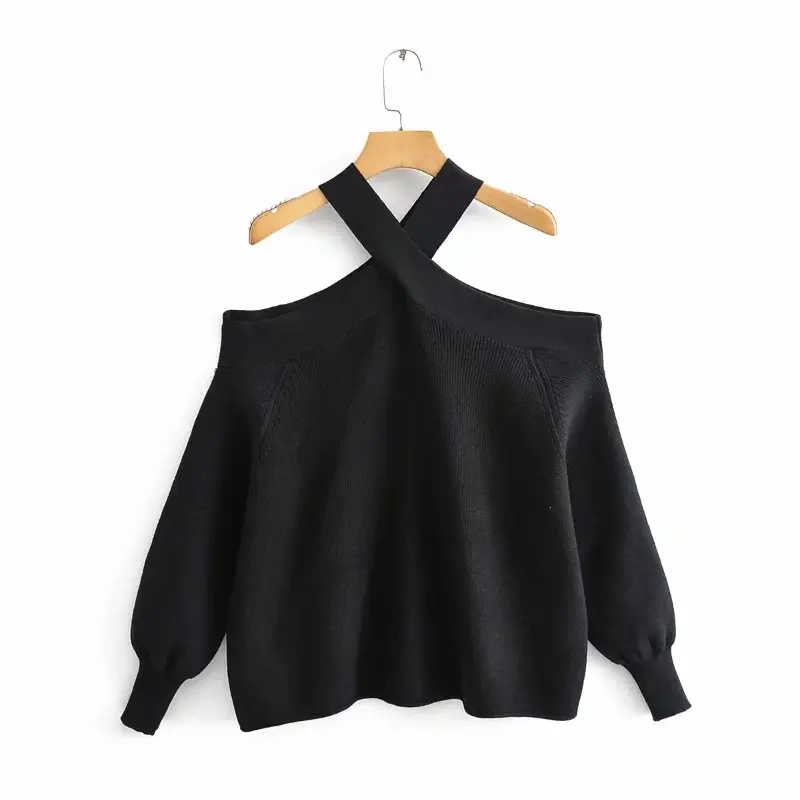 Women's Halter Collar Off Shoulder Knit Sweater Autumn and Winter New Trendy Chic Lantern Sleeve Pullover Sweater