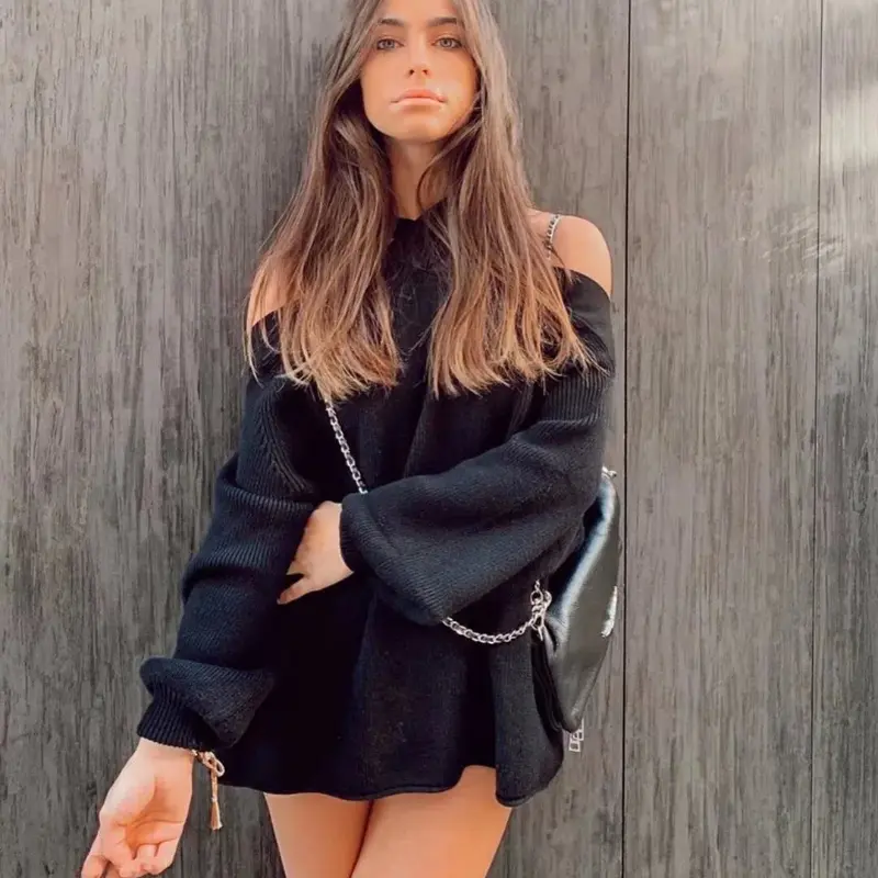 Women's Halter Collar Off Shoulder Knit Sweater Autumn and Winter New Trendy Chic Lantern Sleeve Pullover Sweater