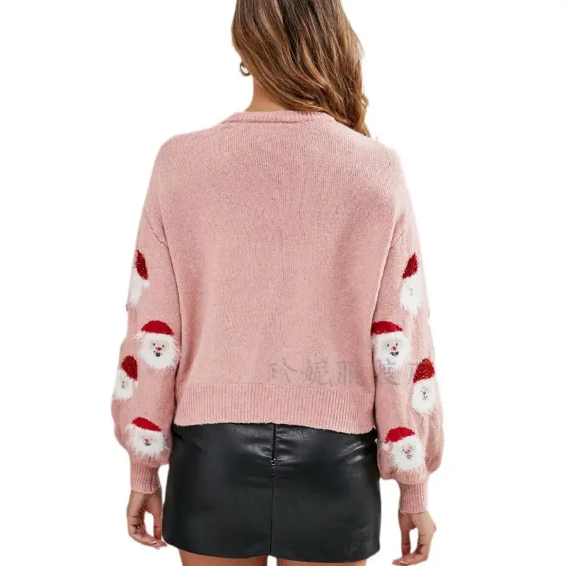 Knitted Sweater Autumn Winter Knitwears Long Sleeve Xmas Pullover Pink Women Christmas Sweater Cute Santa Claus Pattern