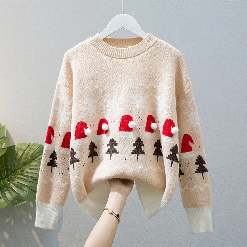 Women's Retro Loose Christmas Sweater Gentle Idle Sle Japanese Fashion  Autumn and Winter Outer Wear Inner Wear Base Knit