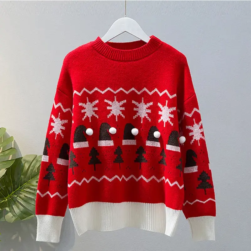 Women's Retro Loose Christmas Sweater Gentle Idle Sle Japanese Fashion  Autumn and Winter Outer Wear Inner Wear Base Knit