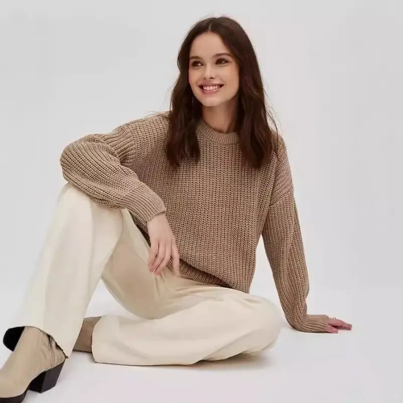Knitted New Simple Commuter Loose Thick Needle Long Sweater Casual Oversized Pullover Round Neck Long Sleeved Sweater for Women