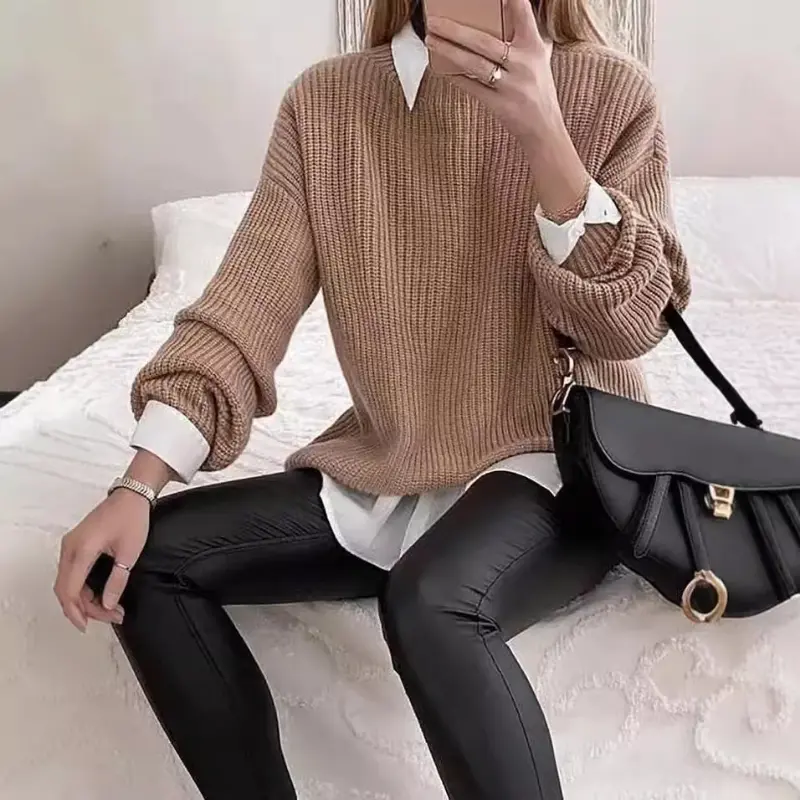Knitted New Simple Commuter Loose Thick Needle Long Sweater Casual Oversized Pullover Round Neck Long Sleeved Sweater for Women