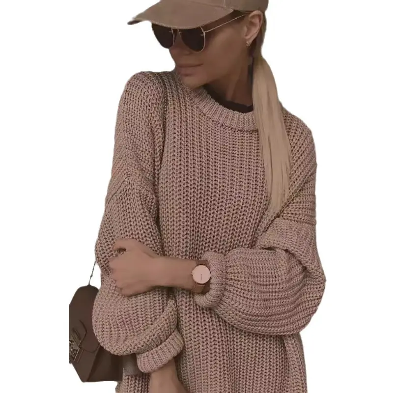 Knitted New Simple Commuter Loose Thick Needle Long Sweater Casual Oversized Pullover Round Neck Long Sleeved Sweater for Women