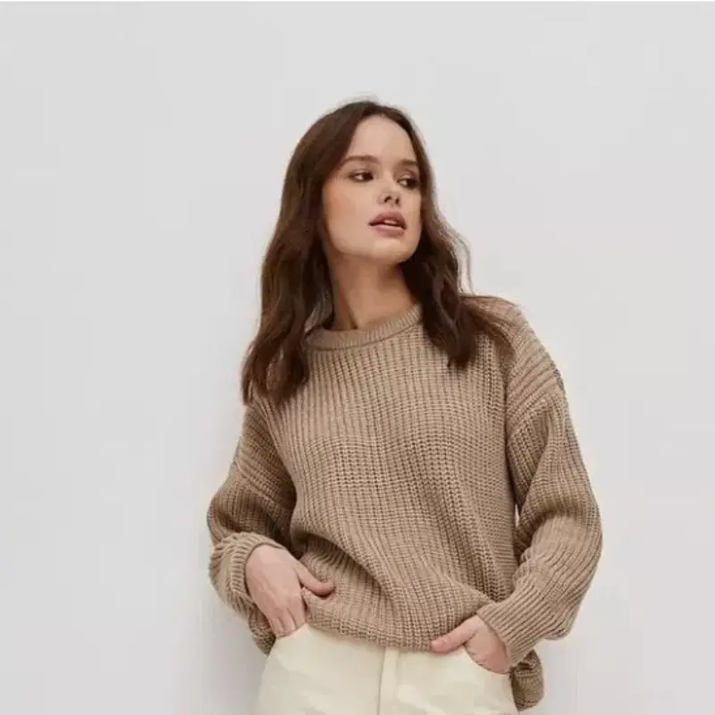 Knitted New Simple Commuter Loose Thick Needle Long Sweater Casual Oversized Pullover Round Neck Long Sleeved Sweater for Women