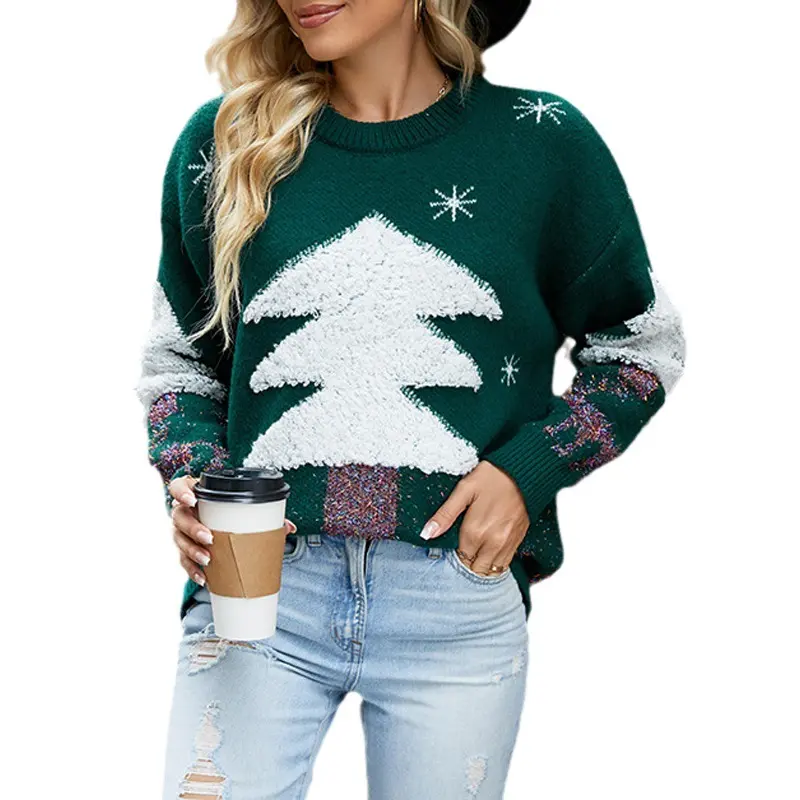 Women Christmas Tree Sweaters Loose Autumn Winter New Year Little Deer Jacquard Lady Casual Pullover O-neck Clothing