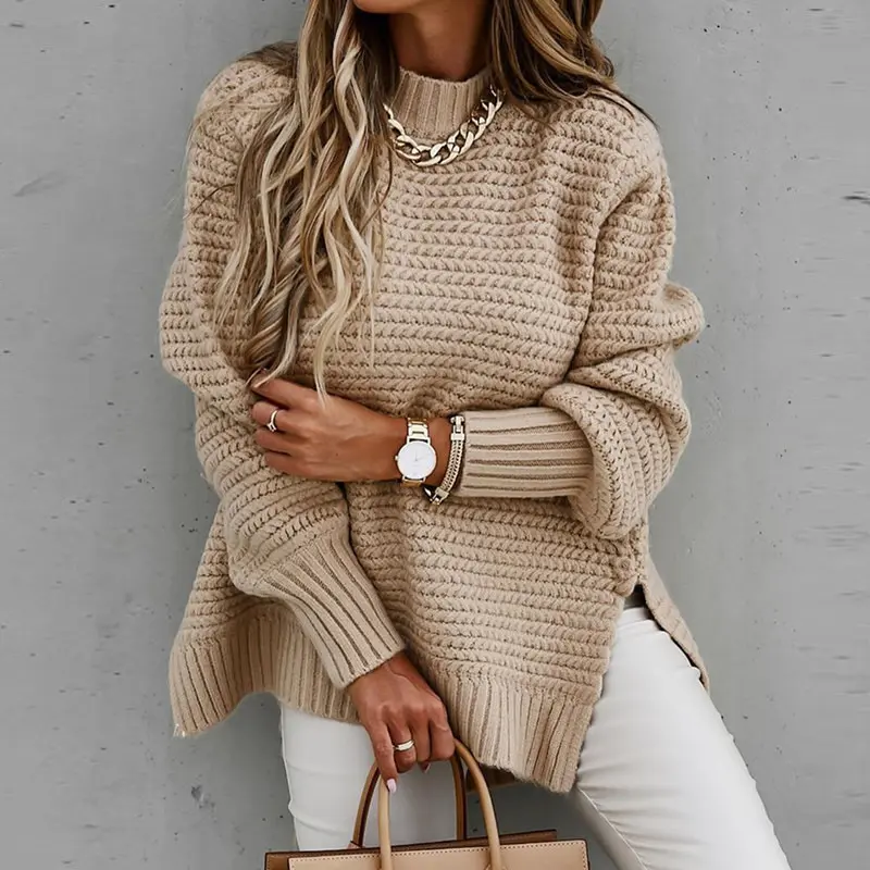 New Half High Neck Long Sleeve Thick Sweater For Women Loose Split Knitted Pullover Warm Chic Knitwear Simple Solid Color