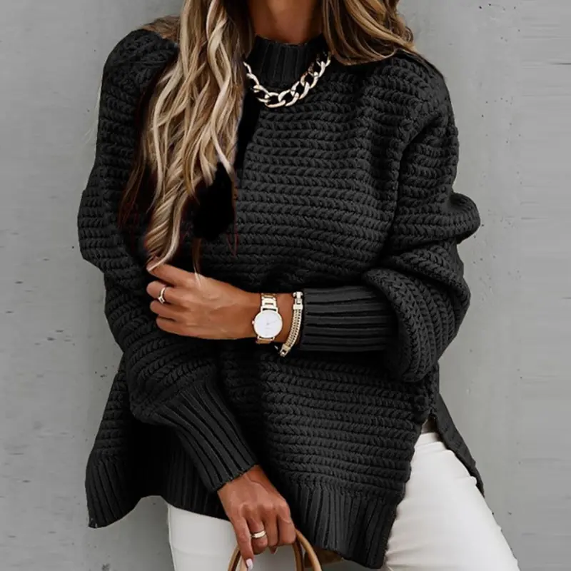 New Half High Neck Long Sleeve Thick Sweater For Women Loose Split Knitted Pullover Warm Chic Knitwear Simple Solid Color