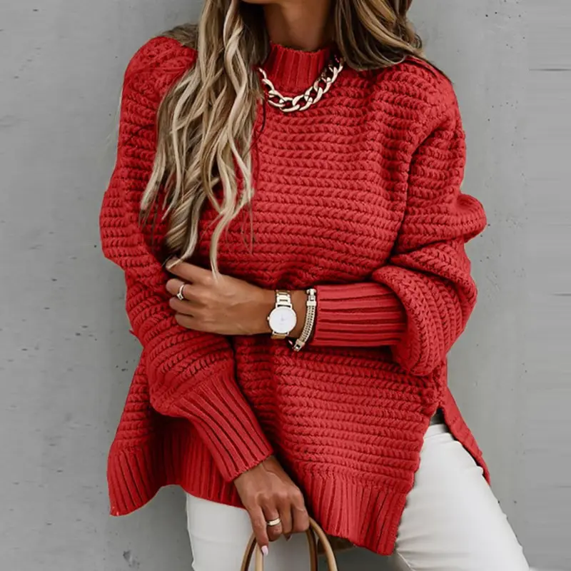 New Half High Neck Long Sleeve Thick Sweater For Women Loose Split Knitted Pullover Warm Chic Knitwear Simple Solid Color