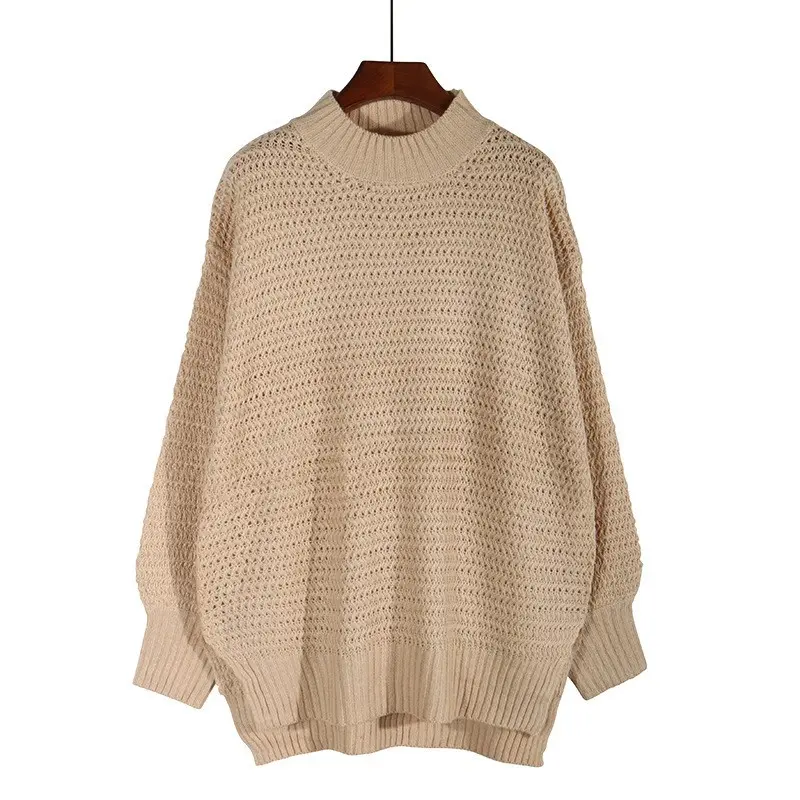 New Half High Neck Long Sleeve Thick Sweater For Women Loose Split Knitted Pullover Warm Chic Knitwear Simple Solid Color