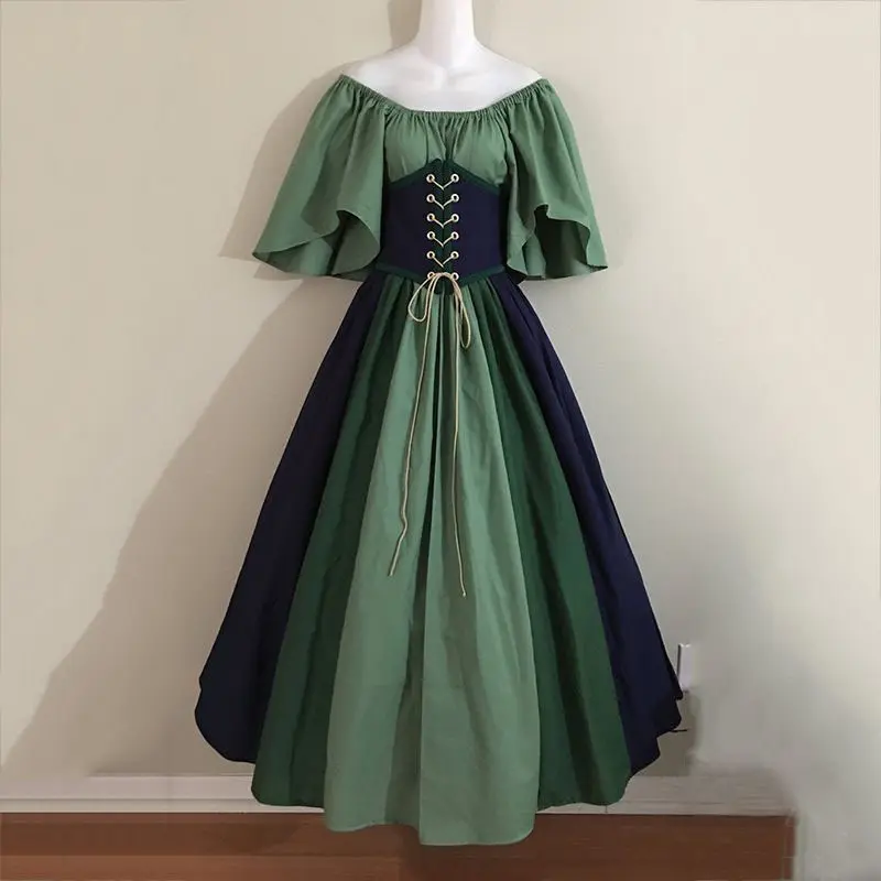 European and American Medieval Retro Contrasting Slim Fitting Skirt with Flying Sleeves Large Swing Skirt One Shoulder Dress
