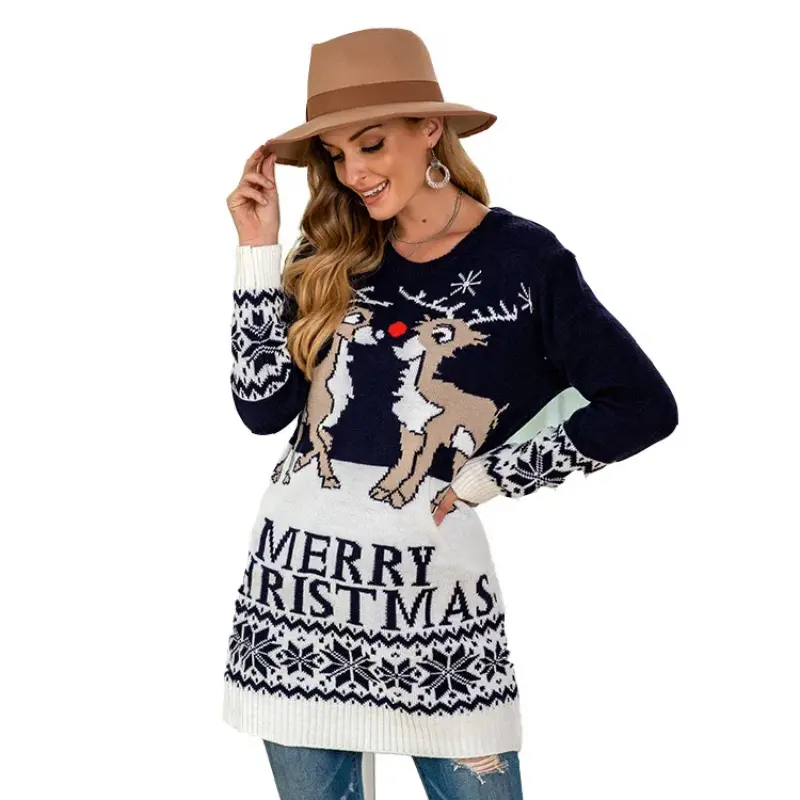 Hot Christmas Women Sweater Santa Claus Xmas Printing Long Sleeve O-neck Christmas Knitting Pullover Sweater Top Jumper Knitwear