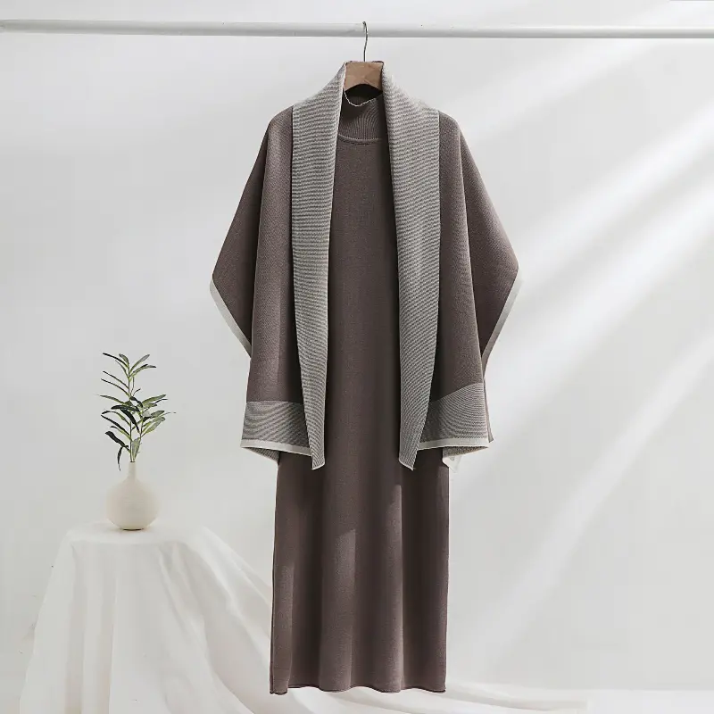 2 Piece-Set Maxi Dress For Women Loose Patchwork Contrast Shawl Fashion Ladies Slim Knitwear Dress Outfits Women's Clothing
