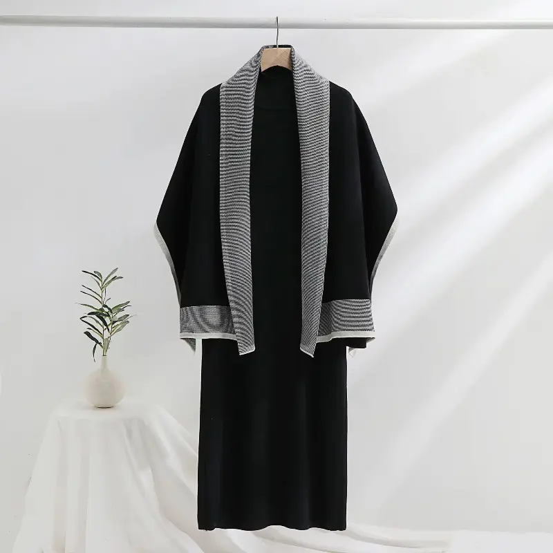 2 Piece-Set Maxi Dress For Women Loose Patchwork Contrast Shawl Fashion Ladies Slim Knitwear Dress Outfits Women's Clothing