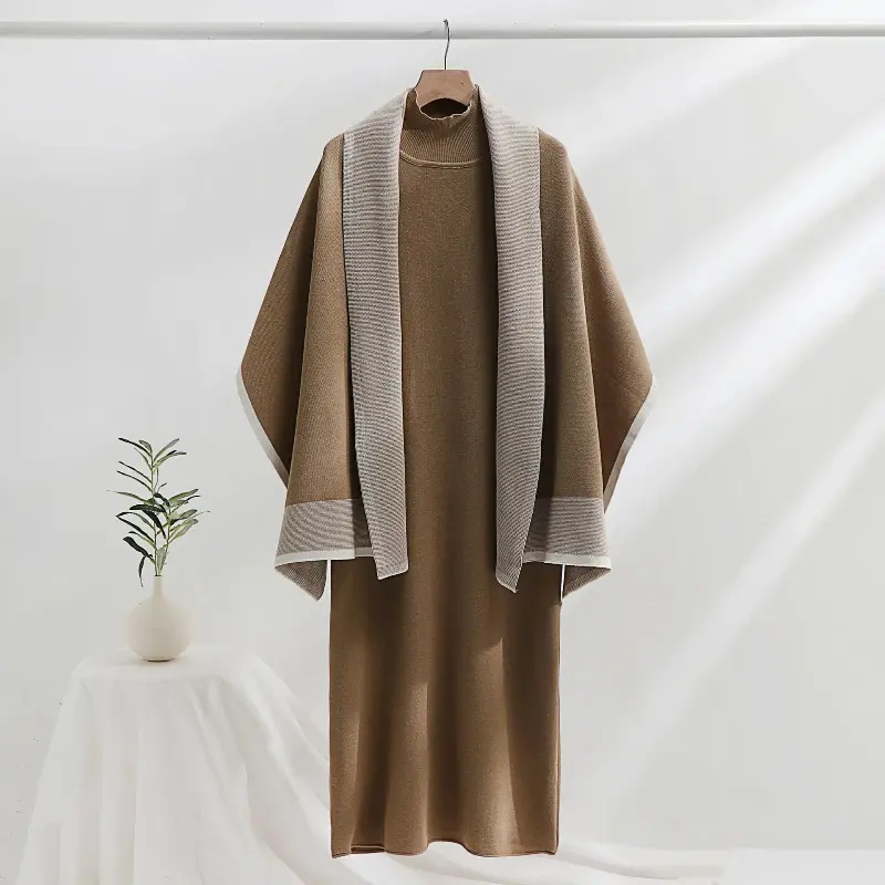 2 Piece-Set Maxi Dress For Women Loose Patchwork Contrast Shawl Fashion Ladies Slim Knitwear Dress Outfits Women's Clothing