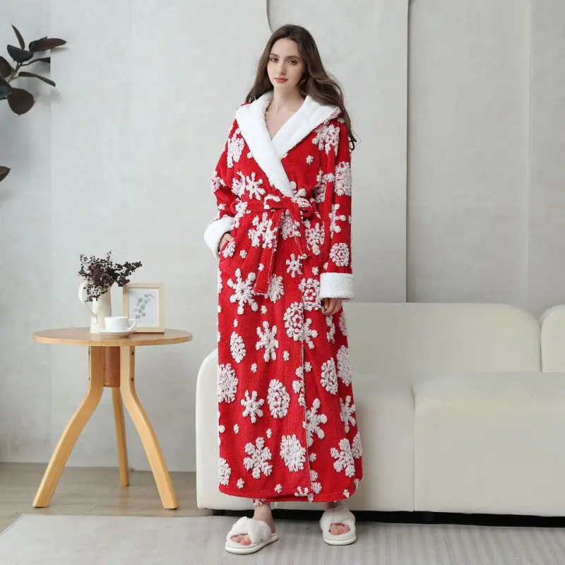Hooded Robe Women's Winter Cationic Bathrobe Thickened Warm Kimono Bathrobe Pajama Pajama Extended Pajama Home Clothes