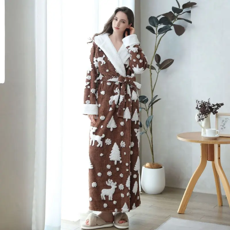 Hooded Robe Women's Winter Cationic Bathrobe Thickened Warm Kimono Bathrobe Pajama Pajama Extended Pajama Home Clothes