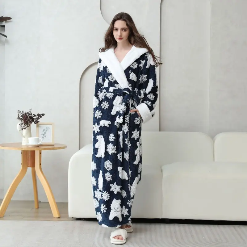 Hooded Robe Women's Winter Cationic Bathrobe Thickened Warm Kimono Bathrobe Pajama Pajama Extended Pajama Home Clothes