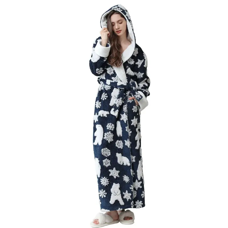 Hooded Robe Women's Winter Cationic Bathrobe Thickened Warm Kimono Bathrobe Pajama Pajama Extended Pajama Home Clothes