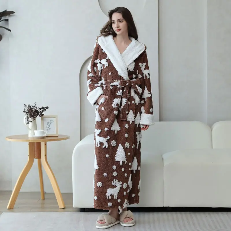 Hooded Robe Women's Winter Cationic Bathrobe Thickened Warm Kimono Bathrobe Pajama Pajama Extended Pajama Home Clothes