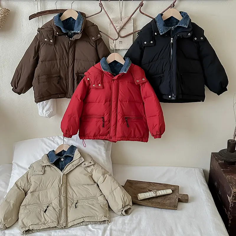 Kids Coats Baby Boys Jackets Fashion Warm Girls Hooded Snowsuit Cowboy Fake Two Piece Down Jacket 2024 Autumn Winter New Item