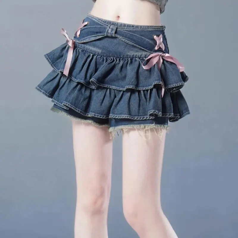 Mini Denim Skirts Women Hot Girls Sweet Kawaii Bow Vintage Y2k Clothes American Streetwear Sexy Summer A-line Мини Юбки Gothic