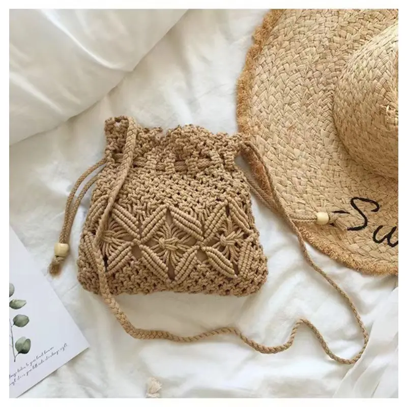 Cute Handmade Straw Bag Woven Shoulder Crossbody Bucket Bag New Fashion Casual Summer Travel Beach Bag Women Trendy Handbag