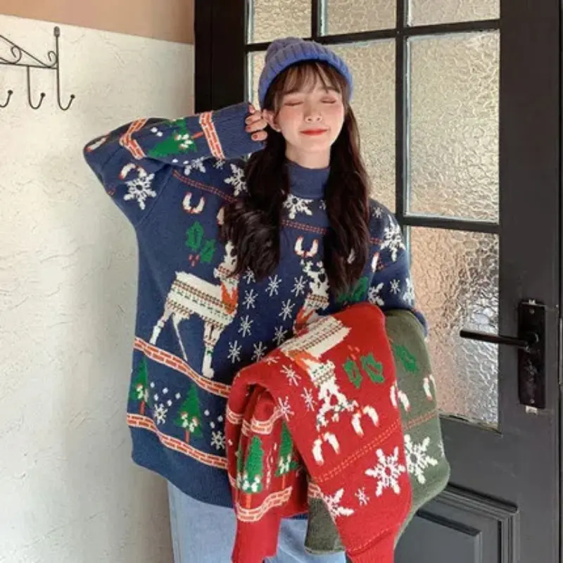 Christmas Season Women's Red Sweater Loose-fit Thickened Winter 2022 New Style Knitted Pullover Outerwear Crew Neck Top