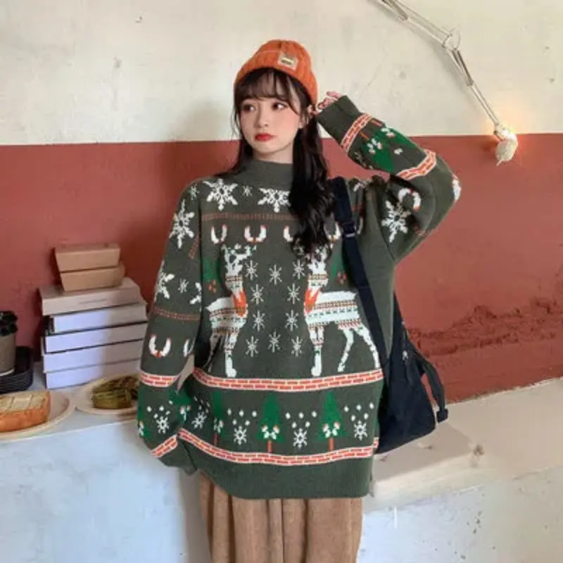 Christmas Season Women's Red Sweater Loose-fit Thickened Winter 2022 New Style Knitted Pullover Outerwear Crew Neck Top