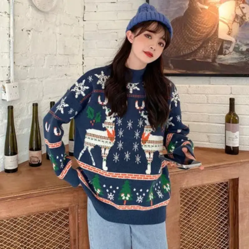 Christmas Season Women's Red Sweater Loose-fit Thickened Winter 2022 New Style Knitted Pullover Outerwear Crew Neck Top