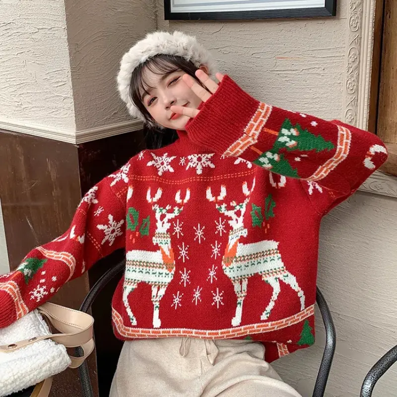 Christmas Season Women's Red Sweater Loose-fit Thickened Winter 2022 New Style Knitted Pullover Outerwear Crew Neck Top