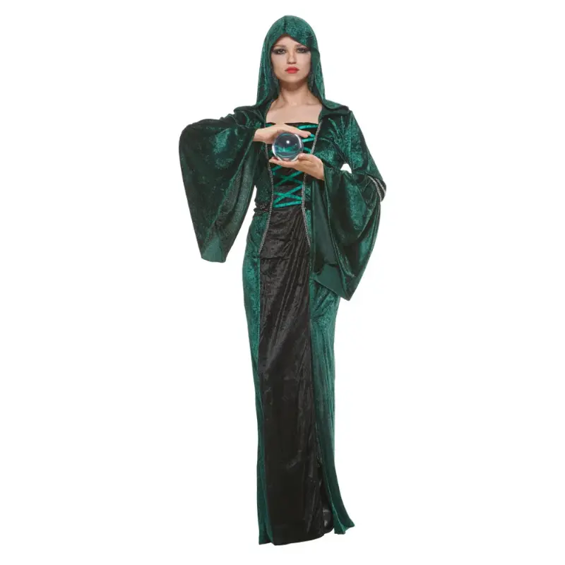 Halloween Adult Costume Party Magic Wizard Cosplay Costume Saint Woman Green Dress Stage Performance Clothes