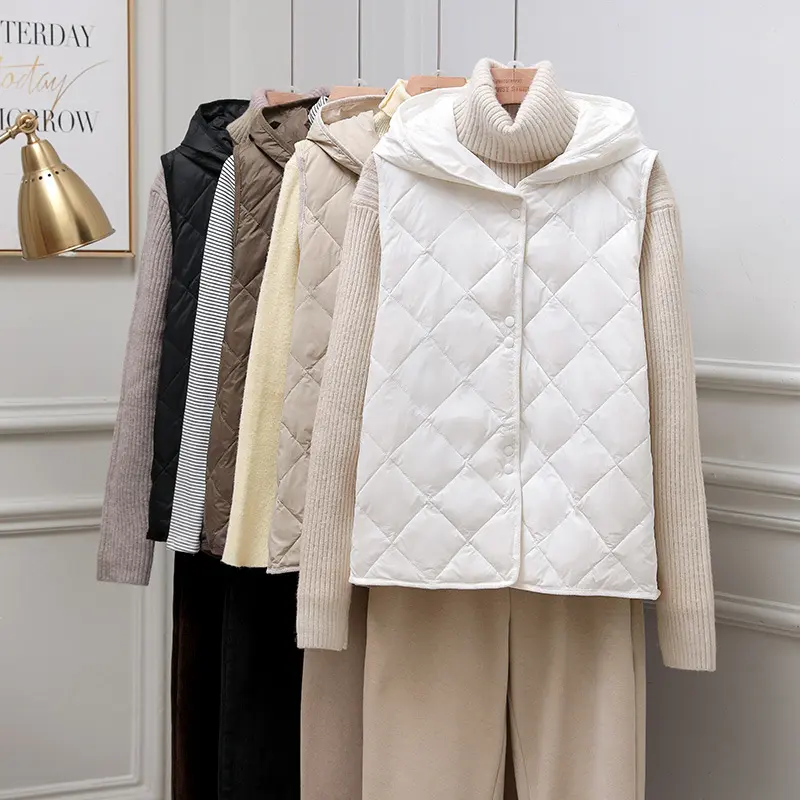 Hooded Down Waistcoat Jacket Parkas Autumn Winter Women Ultra Light White Duck Down Vest Female Warm Sleeveless Short Tank Coat