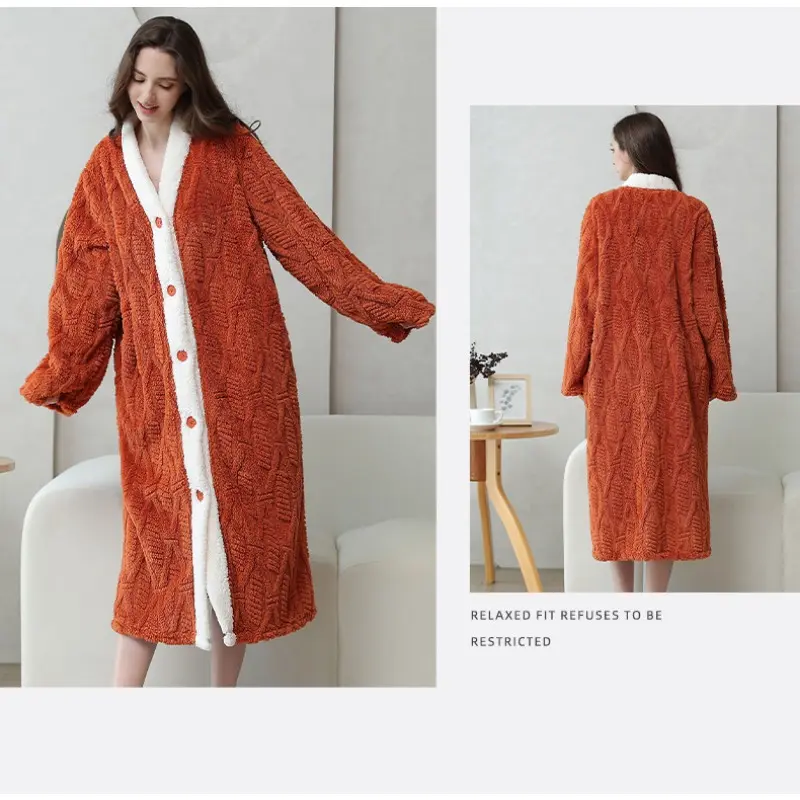 Women's Autumn and Winter Extended Sleepwear Soft Sleepwear Women's Polyester Fiber Sleepwear Thick and Warm Women's Long Style