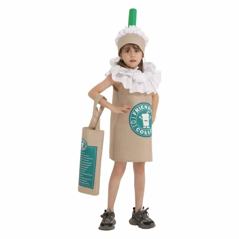 Kids Green Cocoa Drink Milk Tea Cosplay Costume Halloween Drink Theme Party Masquerade Carnival Party Stage Fancy Dress Clothing