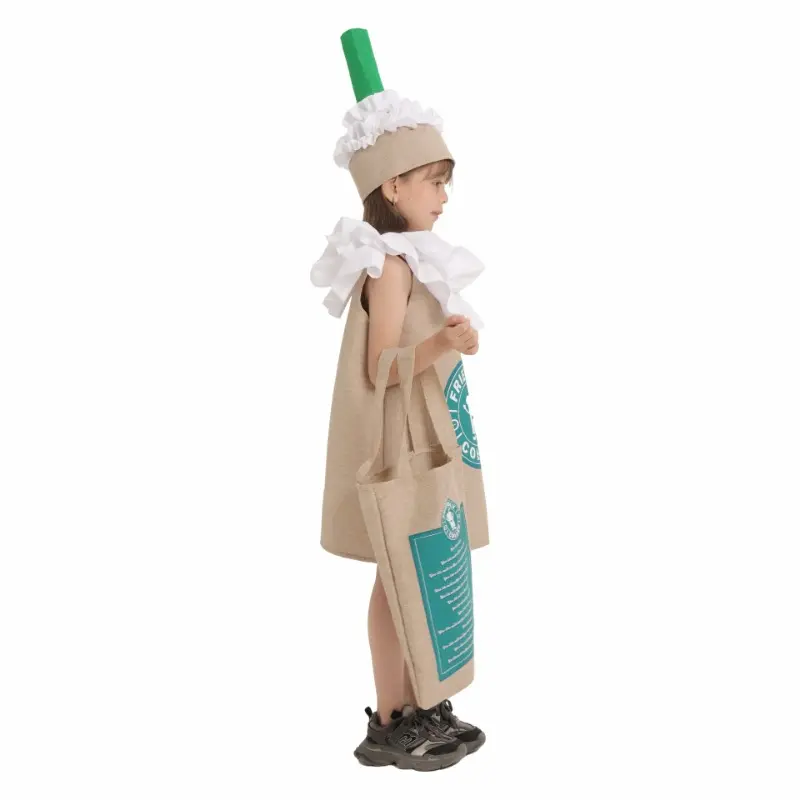 Kids Green Cocoa Drink Milk Tea Cosplay Costume Halloween Drink Theme Party Masquerade Carnival Party Stage Fancy Dress Clothing