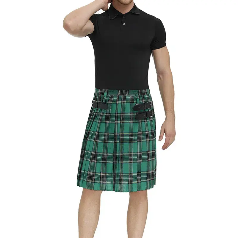 Men's Scottish Plaid Pleated Skirt Holiday Traditional Costume Stage Performance Skirt Red Blue Green Brown Pleated Skirt