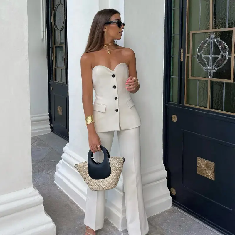 2pcs Women's Split Tank Top Strapless Top Slit Straight Trouser Suit Senior Sense Fashion Spring New Matching Sets