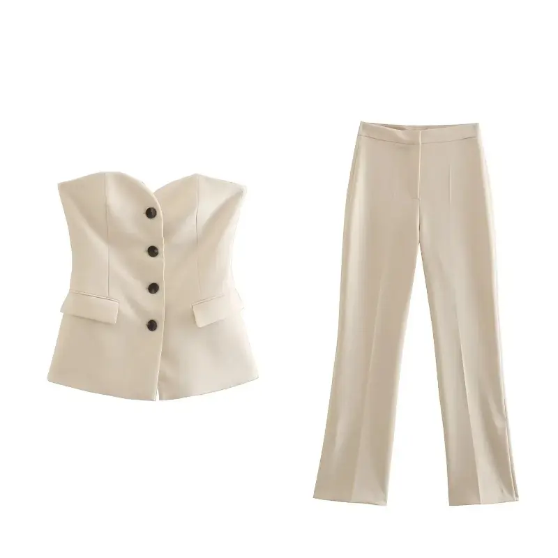 2pcs Women's Split Tank Top Strapless Top Slit Straight Trouser Suit Senior Sense Fashion Spring New Matching Sets