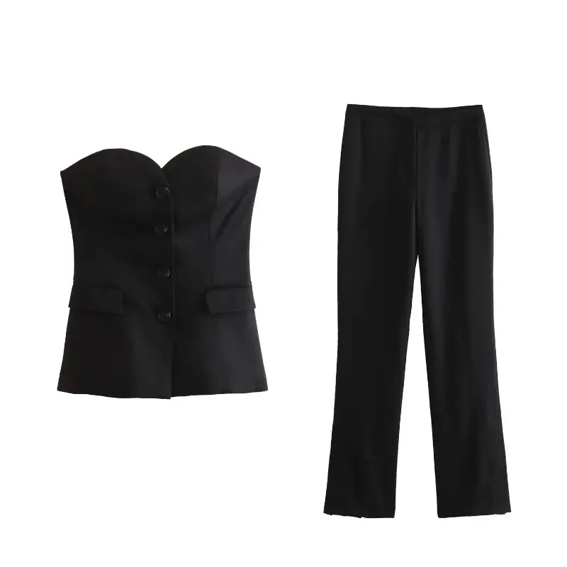 2pcs Women's Split Tank Top Strapless Top Slit Straight Trouser Suit Senior Sense Fashion Spring New Matching Sets