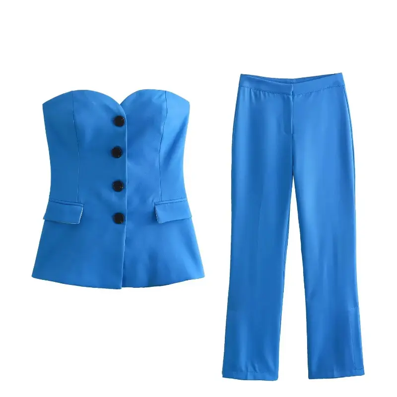 2pcs Women's Split Tank Top Strapless Top Slit Straight Trouser Suit Senior Sense Fashion Spring New Matching Sets