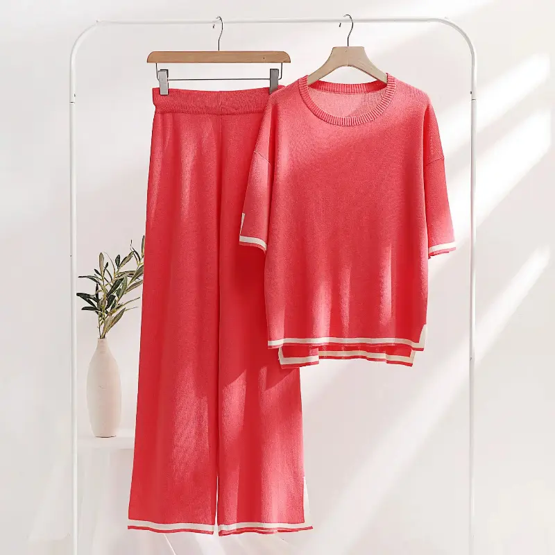 2 Piece Pajama Sets Women Loungewear Knit Summer Two Piece Set Women Casual Slit Short Sleeve Knitted Two Piece Sets Women