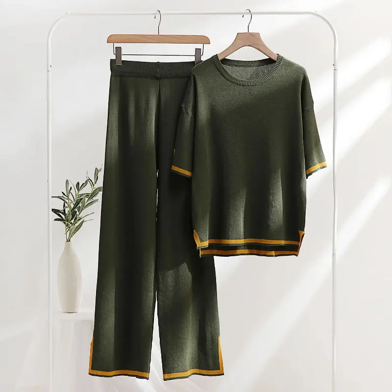 2 Piece Pajama Sets Women Loungewear Knit Summer Two Piece Set Women Casual Slit Short Sleeve Knitted Two Piece Sets Women