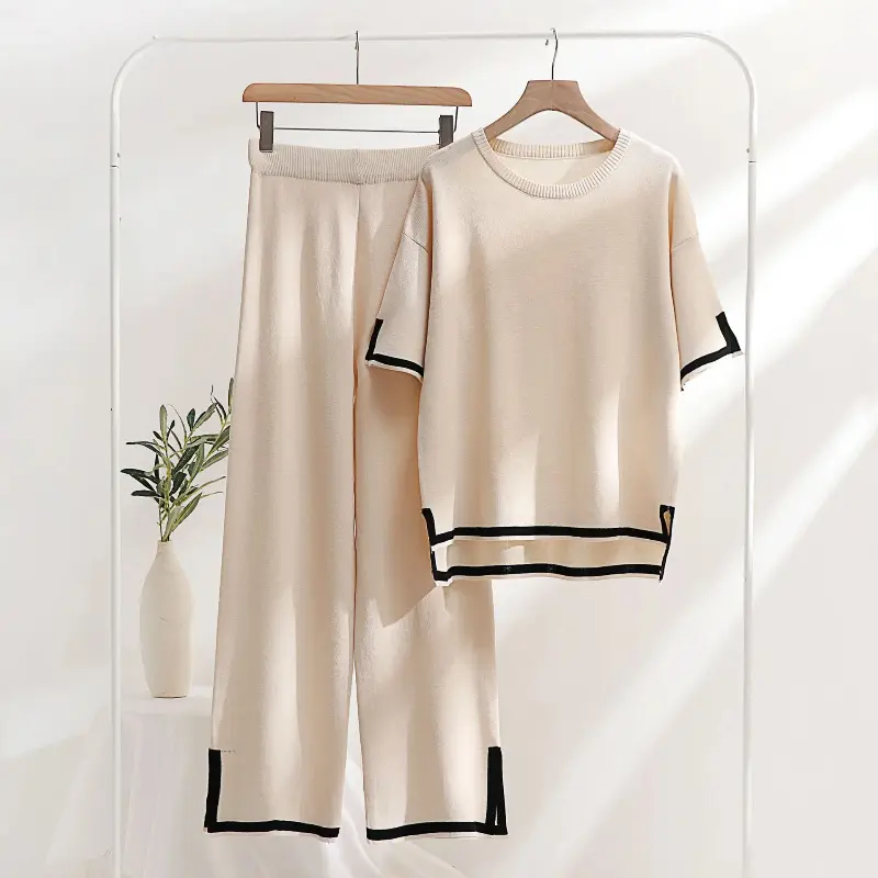 2 Piece Pajama Sets Women Loungewear Knit Summer Two Piece Set Women Casual Slit Short Sleeve Knitted Two Piece Sets Women