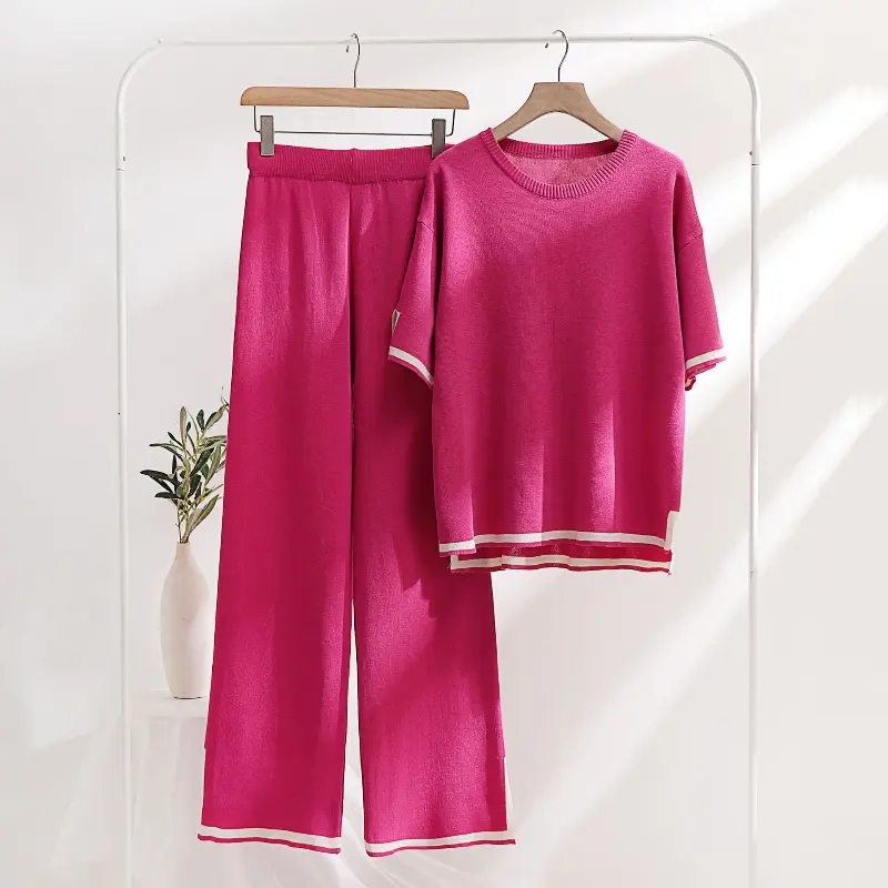 2 Piece Pajama Sets Women Loungewear Knit Summer Two Piece Set Women Casual Slit Short Sleeve Knitted Two Piece Sets Women