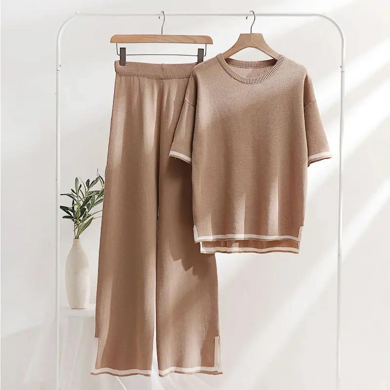 2 Piece Pajama Sets Women Loungewear Knit Summer Two Piece Set Women Casual Slit Short Sleeve Knitted Two Piece Sets Women