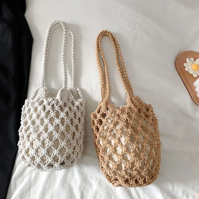 Summer Beach Bag For Women Mesh Rope Knitted Bucket Shoulder Bags Reticulate Hollow Travel Shopper Totes Ladies Handbag