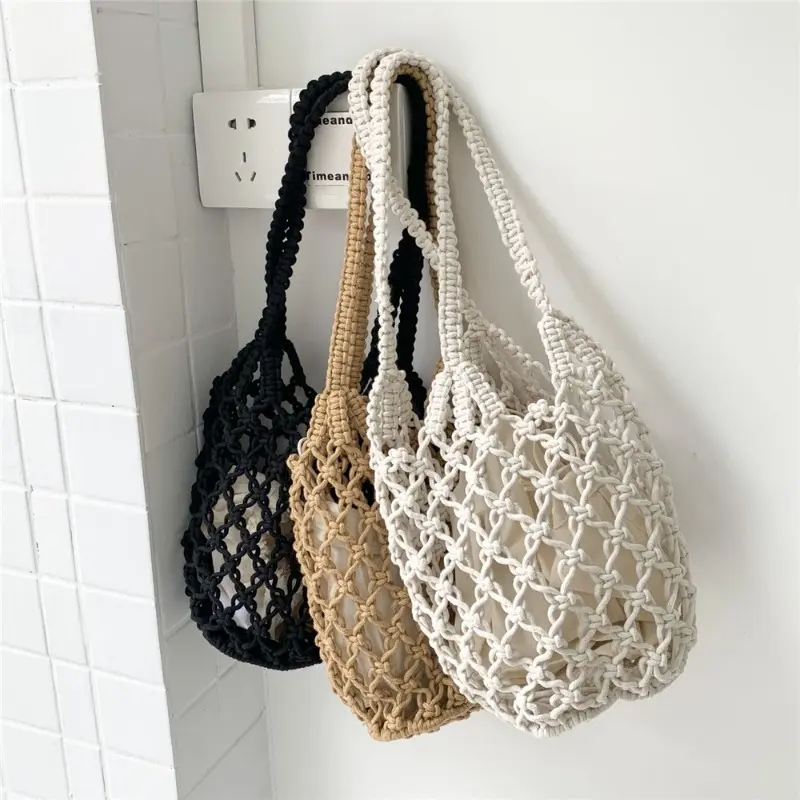 Summer Beach Bag For Women Mesh Rope Knitted Bucket Shoulder Bags Reticulate Hollow Travel Shopper Totes Ladies Handbag