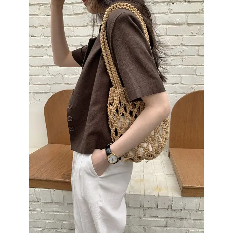 Summer Beach Bag For Women Mesh Rope Knitted Bucket Shoulder Bags Reticulate Hollow Travel Shopper Totes Ladies Handbag
